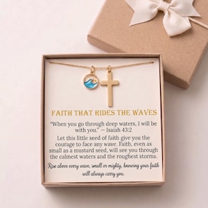 Mustard Seed Ocean Wave Necklace, Gold Cross Pendant, Faith Over Fear Scripture Gift for Her, Christian Encouragement Isaiah 43:2 Jewelry