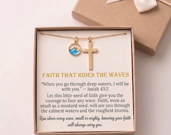 Mustard Seed Ocean Wave Necklace, Gold Cross Pendant, Faith Over Fear Scripture Gift for Her, Christian Encouragement Isaiah 43:2 Jewelry