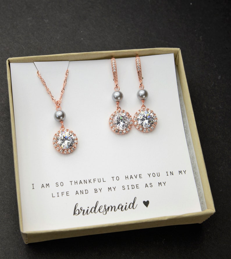 Custom Personalized Pearl necklace CZ bridesmaid gift set bridesmaid bracelet earrings necklace Wedding gift set Bridesmaid earrings gray