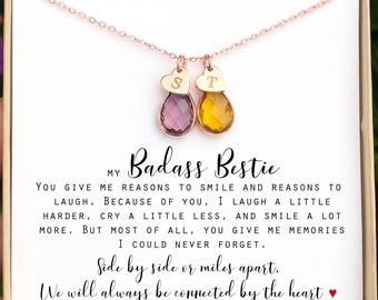 Badass Bestie Necklace, Personalized Best Friend Gift, 2 Birthstone Initial Necklace, Long Distance Friendship Gift, Soul Sister Jewelry