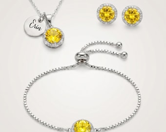 yellow citrine cubic zirconia Bridesmaid Jewelry Gift Set, Personalized necklace Initial Bracelet, Earrings