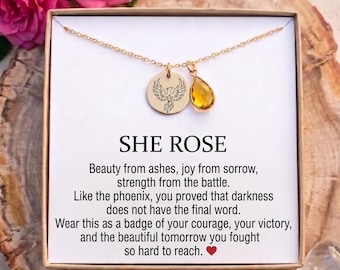 Phoenix Necklace Cancer Survivor Gift, She Rose Rise From Ashes Jewelry, Inspirational Strength Encouragement Gift for Women, Survivor gift