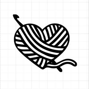 May include: Black and white illustration of a heart-shaped ball of yarn with a needle attached.