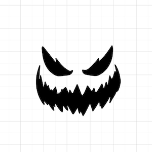 May include: Black and white silhouette of a scary face with a wide, jagged grin and two sharp, pointed eyes.