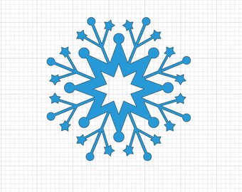 May include: A blue snowflake with a white center and six points. The snowflake has a simple design with small circles and stars around the edges.