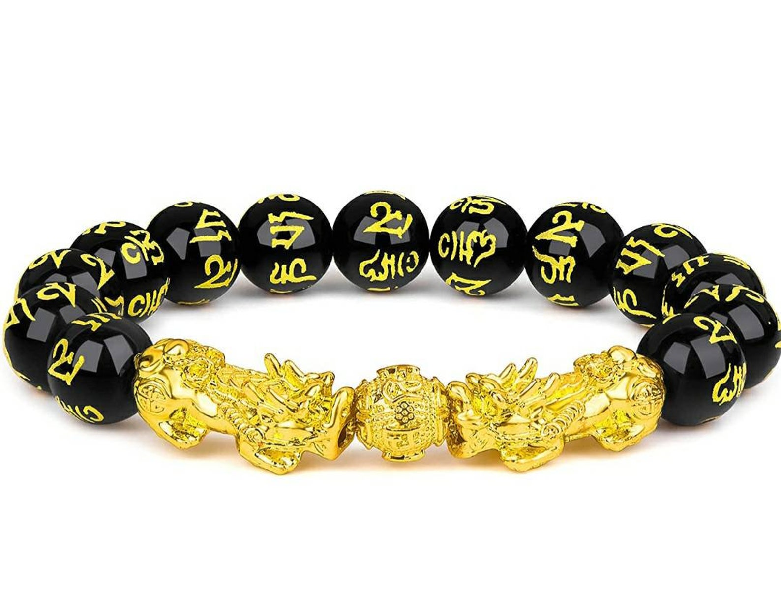 Black Obsidian Bracelet with 2 Gold Dragons