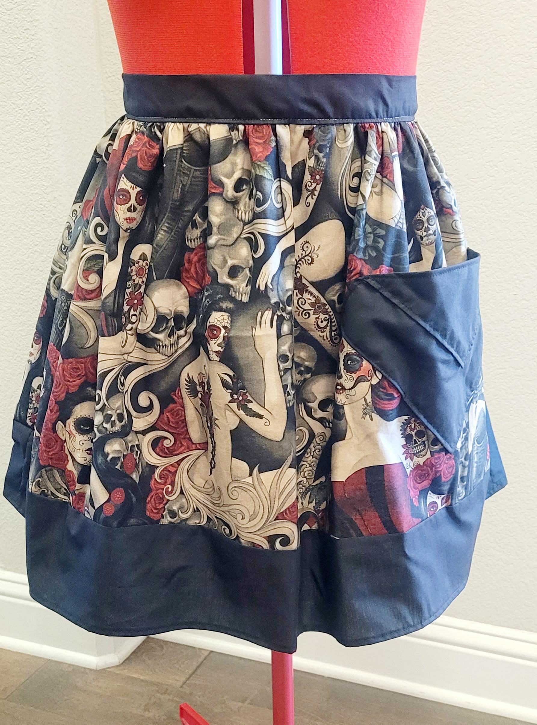 Kitchen Pinup Girl Sugar Skull,Apron Adult, Half Apron, Vintage Style Apron, Retro Apron, Diner,Day or Dead , One Size,  Pocket, Spooky,