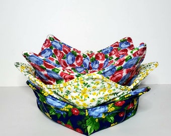 Microwavable Bowl Cozy Large, Cozies, Hot Pad, Soup Bowl Cozy, Fabric Bowl Holder, Kitchen Coaster, Floral, Reversible, Quilted Cotton Cozie