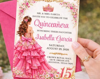 Hot Pink Gold Quinceañera Invitation Template, Editable Princess Quince Invite, Printable Mis Quince Años Invite, Canva Birthday Invite