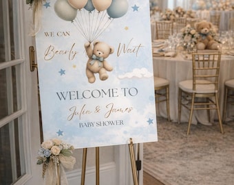 Blue Teddy Bear Baby Shower Welcome Sign | Editable Canva Template (Instant Download)