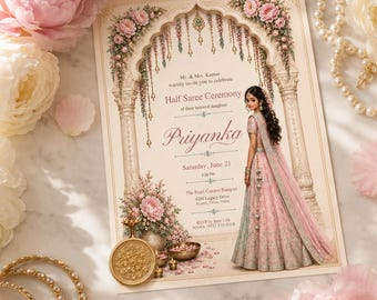 Half Saree Ceremony Invitation Template, Floral Bells Pastel Pink Langa Voni Invite, South Indian Coming of Age, Canva editable