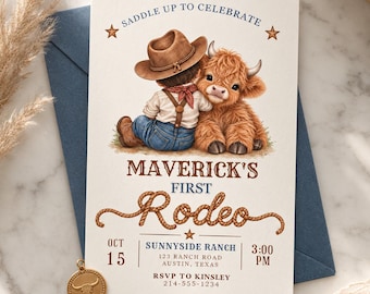 Invitación de primer cumpleaños con temática vaquera, plantilla editable de invitación de rodeo de vacas de las Tierras Altas, descarga digital instantánea para fiesta de primer cumpleaños con temática de rodeo del oeste
