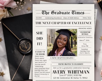 Newspaper Graduation Invitation Template with Photo, Black Girl Grad Class of 2026, Editable Canva Template, Printable Digital Download