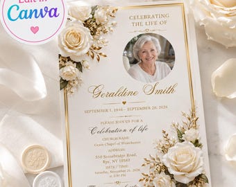 White Rose Celebration of Life Invitation Template, Editable Funeral Invitation, Memorial Service Invite, Gold Floral Canva Template