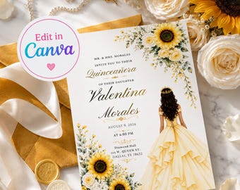 Sunflower Quinceañera Invitation, Yellow Floral Sweet 15 Template, Rustic Quince Invite, Editable Digital Download