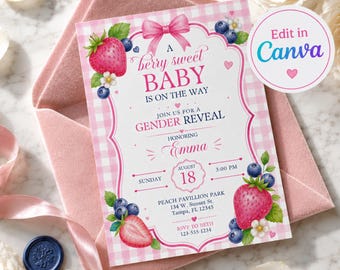 Berry Sweet Gender Reveal Invitation Template, Strawberry Blueberry Gender Reveal, Pink Berry Baby Reveal, Canva Invite