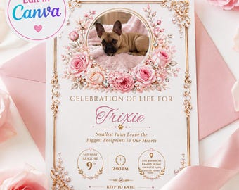 Pet Memorial Celebration of Life Invitation Editable Canva Template | Dog Memorial Card Printable Photo French Bulldog