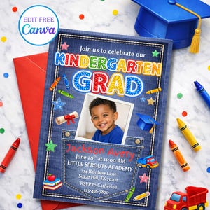 May include: A kindergarten graduation invitation with a denim-style background. The invitation features the text "Kindergarten Grad" and a photo of a child. Colorful crayons, a graduation cap, and a red envelope are also visible.