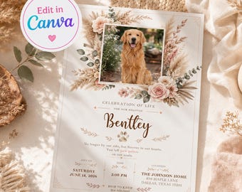 Pet Memorial Celebration of Life Invitation Editable Canva Template | Boho Dog Memorial Card Printable Photo Golden