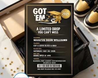 Sneaker Grad Invitation | Jordan Shoe Grad Party | Black Gold Class of 2026 | Boys Graduation | Editable Canva | Digital Modern invite 5x7