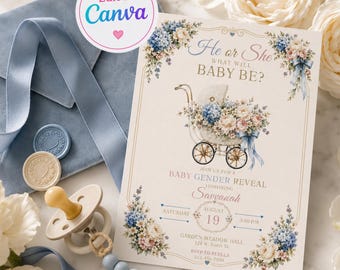 Vintage Gender Reveal Invitation Template, He or She What Will Baby Be Invite, Floral Baby Carriage Reveal Canva