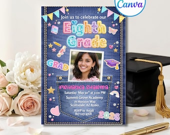 8th Grade Girl Graduation Invitation Template | Editable Canva Photo Grad Invite | Middle School Graduation Party Invite | Class of 2026