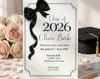 Black Velvet Bow Graduation Invite |Class of 2026 Grad Party | Elegant Black White Grad Invite | Editable Canva Template | Digital Download