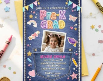 Invitación de graduación de preescolar para niña, invitación de graduación de preescolar en mezclilla, plantilla de foto con brillantina, editable, descarga instantánea.