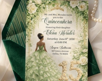 Princess Tiana  Quinceanera  Invitation, Sage Green Gold 15 Birthday Invite, Princess and the Frog Theme ,Black Princess  Quince Invite