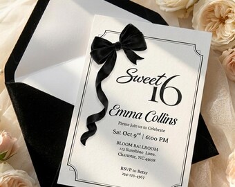 Sweet 16 Invitation Template, Black Bow Birthday Invite, Elegant Sweet Sixteen Invite, Editable Canva Template, Printable Party Invite