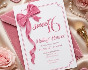 Pink Velvet Bow Sweet 16 Invitation, Birthday Invite, Coquette Sweet Sixteen, Editable Canva Template, Digital Download, Teen Girl Birthday