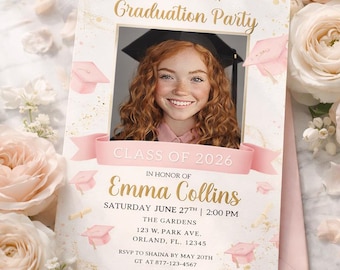 Pink Graduation Invitation Template with Photo, Sparkle Cap Class of 2026 Invite, Editable Canva Template, Printable Digital Download
