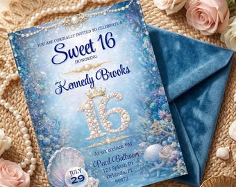 Mermaid Sweet 16 Invitation, Pearl Seashell Under the Sea Birthday Invite, Canva Template, Digital Download, Teen Girl Sweet Sixteen Party