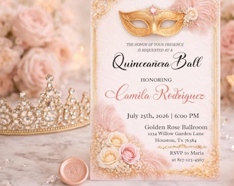 Pink Masquerade Quinceañera Invitation | Gold Ivory Ball Invite | Editable Canva Template | Instant Download 5x7