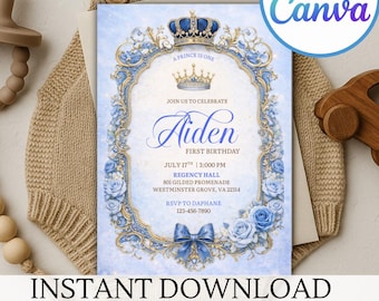Royal Blue First Birthday Boy Invitation Template, Luxury Prince is One Invite, Blue & Gold Crown Birthday Party, Editable Canva 5x7