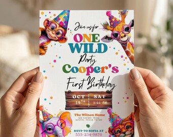 Invitación de cumpleaños "Wild One", plantilla editable de invitación de primer cumpleaños con animales de la selva, invitación digital de descarga instantánea para fiesta safari.