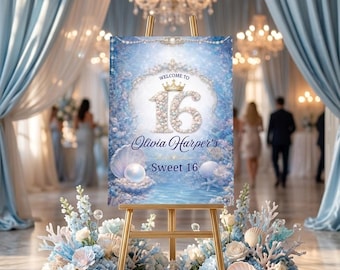 Mermaid Sweet 16 Welcome Sign Template | Under the Sea 16 Birthday Welcome Sign | Shell 16 Crown Design | Editable Canva Sign 20x30