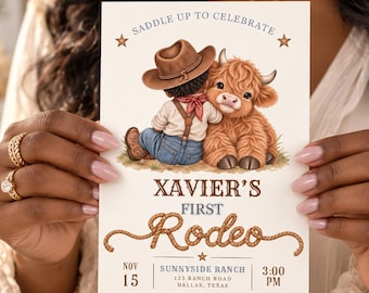 Invitación de primer cumpleaños de vaquero para niño negro, invitación de rodeo de vacas de las Tierras Altas, plantilla editable, fiesta de primer rodeo del oeste, descarga digital instantánea