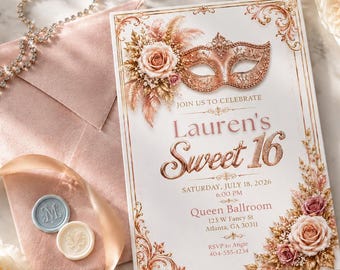Rose Gold Sweet 16 Invitation Template, Masquerade Sweet Sixteen Invite, Editable Canva Birthday Invitation, Blush Pink Gold Birthday Party