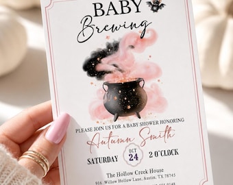 Invitación editable para baby shower de Halloween con caldero de bruja rosa y negro, imprimible, descarga instantánea, plantilla digital.
