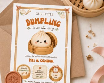Our Little Dumpling Gender Reveal Invitation | Bamboo Steamer Baby Shower Printable Template Editable Canva 5x7