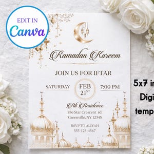 May include: A 5x7 inch digital invitation template for Ramadan Kareem, featuring gold mosque illustrations and a crescent moon design. The invitation includes details for an Iftar event, with the text "Join us for Iftar" and RSVP information.