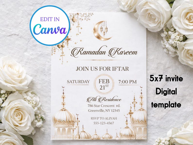 May include: A 5x7 inch digital invitation template for Ramadan Kareem, featuring gold mosque illustrations and a crescent moon design. The invitation includes details for an Iftar event, with the text "Join us for Iftar" and RSVP information.