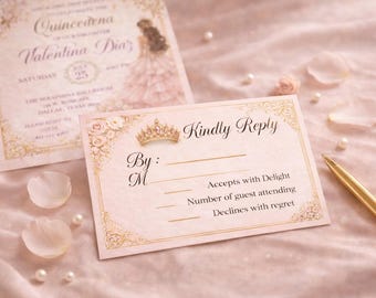 Quinceañera RSVP Card Template | Pink Gold Blush Quince Reply Card | Editable Canva Template | Instant Download | Mis Quince Anos