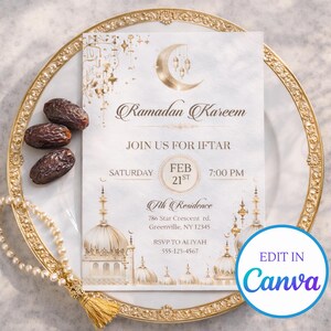 May include: A Ramadan Kareem invitation with gold detailing and a crescent moon motif. The invitation includes the text "Join us for Iftar" and event details. The invitation is on a white background and is surrounded by dates and a beaded necklace.