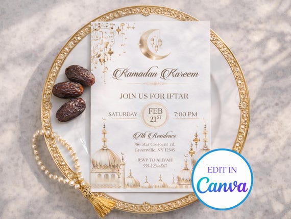 Ramadan Kareem Iftar Invitation Template | Elegant Gold Mosque Invite | Editable Canva Ramadan Party Invite | Islamic Dinner Printable 5x7
