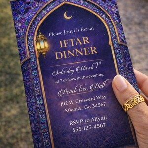 May include: A purple and gold Iftar Dinner invitation. The card features a crescent moon, a lantern, and the words "IFTAR DINNER". The event is on Saturday, March 7th, at Peach Tree Hall, with an RSVP to Aliyah.