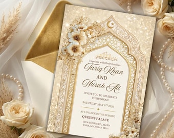 Luxury Gold White Nikah Invitation Template | Islamic Wedding Invite | Elegant Muslim Wedding | Editable Canva Invite 5x7