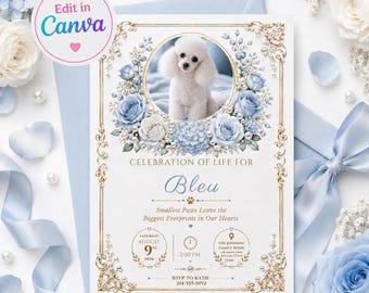 Pet Memorial Celebration of Life Invitation Editable Canva Template | Boy Dog Memorial Card Blue Floral Photo Print