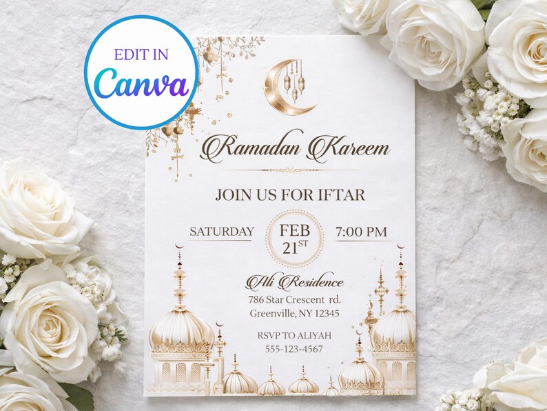 May include: A white Ramadan Kareem invitation card with gold detailing, including a crescent moon and mosque designs. The card announces an Iftar event on February 21st at 7:00 PM. The text "Edit in Canva" is visible.